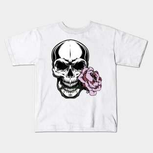 SKULL WITH PINK ROSE 03 Kids T-Shirt